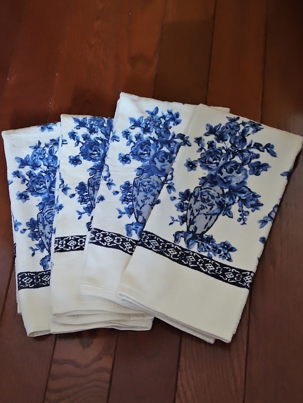 Blue Floral Cotton Kitchen Towels - Set of 4